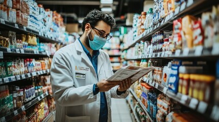 A worker checking expiration dates on food products in a grocery store, ensuring safety.