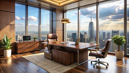 Fototapeta premium Luxurious corporate workspace with rich wooden desk, leather chair, and sleek modern decor, surrounded by floor-to-ceiling windows and stunning city skyline views.