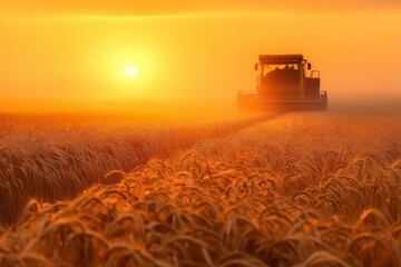 Fototapeta premium Harvesting ripe wheat at sunset a glimpse into agriculture and farming photography