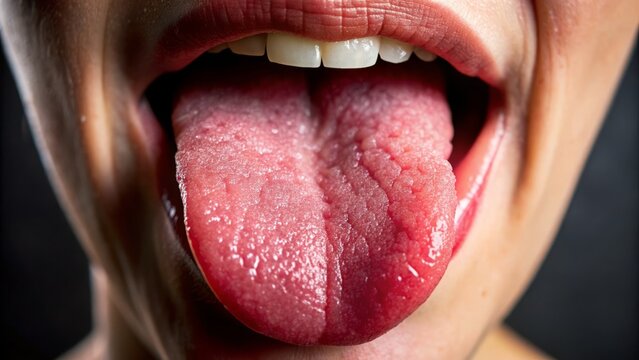 Macro close-up of a human tongue sticking out, with tiny taste buds and a pinkish-red color, against a blurred dark background.