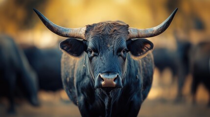 Naklejka premium A bull stands in the middle of a deserted field Wildlife Animals