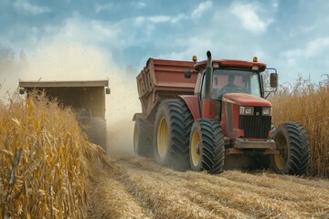 Fototapeta premium Tractors at work capturing the essence of corn harvesting in vibrant photography