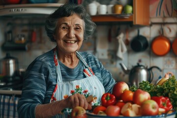 Fototapeta premium Happy senior woman cooking and eating healthy fruit salad.