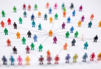 Naklejka premium Miniature figures, network, social connections, colorful toys, relationships, creative design, interconnectedness, figures, community, visual representation, abstract art, connection, teamwork