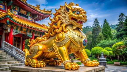 Majestic golden Chinese lion statue with intricate carvings and vibrant colors sits proudly on a stone pedestal, symbolizing strength and good fortune.