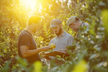 Agronomists and farm workers assessing fruit tree quality in greenhouse for better production