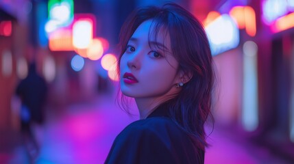 Portrait of a beautiful Korean girl in a neon-lit street looking back at camera