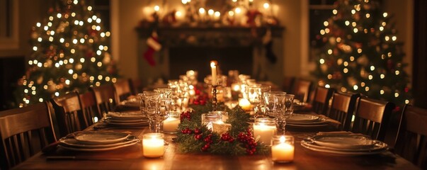 Elegant dining table set for a holiday feast, softly lit by overhead warm LED chandeliers and candlelight