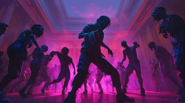 dance party where attendees are dressed as zombies and other spooky characters