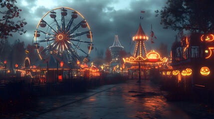 Halloween-themed carnival with spooky rides, creepy clowns, and haunted attractions