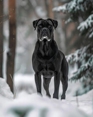 Black dog standing in snowy forest during winter, surrounded by trees and soft falling snowflakes, highlighting its majestic posture and serene ambiance
