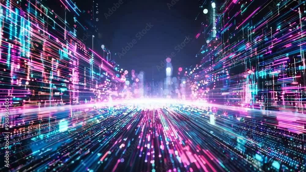 Poster futuristic abstract visualization featuring vibrant lines and glowing particles, representing techno