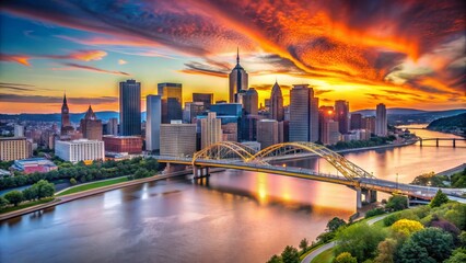 Obraz premium Majestic Pittsburgh skyline at sunset, with the Allegheny River flowing gently beneath the steel city's iconic bridges and towering skyscrapers.