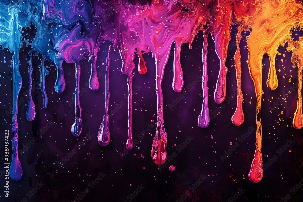 Poster drips of paint in bright colors cascade down a dark backdrop, creating a vivid and dynamic abstract 