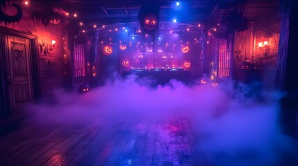 The dance floor is decorated with Halloween-themed lights and fog, with a DJ booth featuring creepy decorations