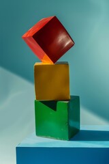Colorful geometric blocks stacked in vibrant arrangement against a soft blue background showcasing creativity and design