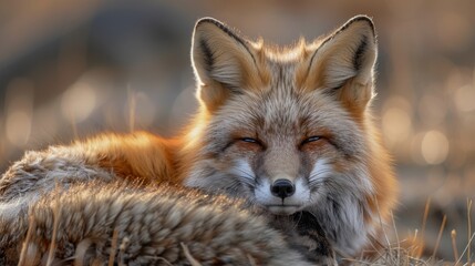 Fototapeta premium A graceful red fox resting peacefully in a sunlit meadow surrounded by soft grass and gentle light, showcasing its beautiful fur and serene expression during early morning hours