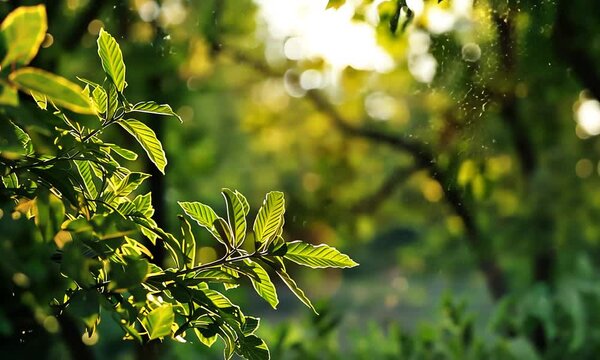 Close up of green leaves with sunlight shining through.