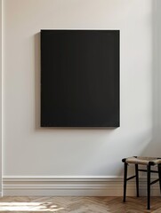 A minimalist black canvas hangs on a light colored wall beside a stylish chair in a contemporary living space with elegant wooden flooring
