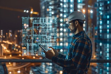 An engineer examines construction designs with a glowing overlay in a vibrant city at night