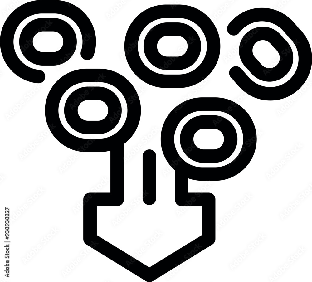 Poster black and white icon of multiple data streams converging into a single output point