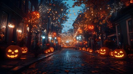 Obraz premium The street is illuminated with Halloween lights and jack-o'-lanterns