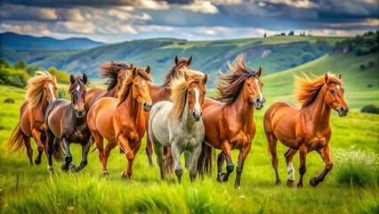 Obraz premium Majestic wild horses roam freely in a serene open meadow, their manes and tails flowing in the wind as they graze on lush green grass.