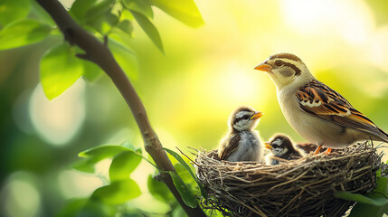 Beautiful bird's nest with baby birds on a tree branch in a green nature background