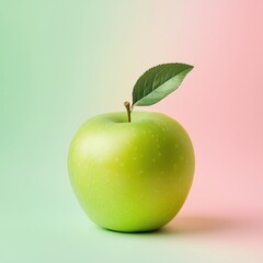 Closeup of Fresh Green Apple with Leaf on Pink and Mint Background
