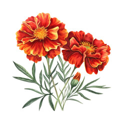 Fototapeta premium A vibrant bouquet of orange and yellow flowers in full bloom with marigolds, daisies, and calendula isolated on a white background