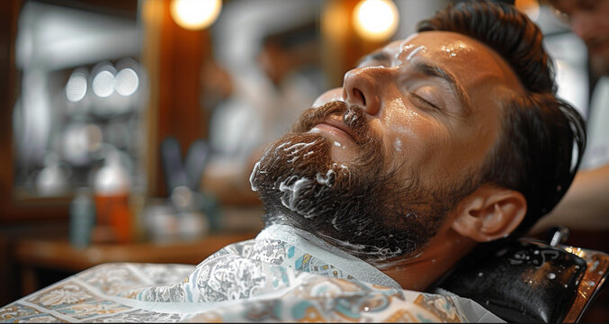 A man relaxes in a barbershop chair while receiving a beard wash and grooming treatment, capturing the essence of self-care and style at a modern grooming salon