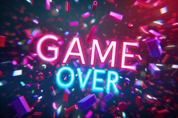 Colorful digital explosion displaying the phrase game over amidst vibrant particles in a futuristic design, symbolizing the conclusion of a gaming session