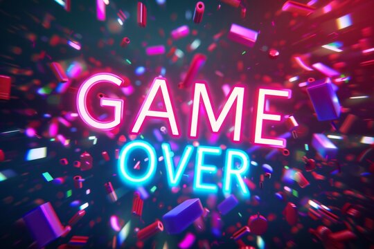 Colorful digital explosion displaying the phrase game over amidst vibrant particles in a futuristic design, symbolizing the conclusion of a gaming session