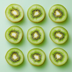 Fototapeta premium Sliced Kiwi Fruit Arranged in Rows on Green Background