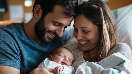 A happy couple cradles their newborn, sharing smiles in a hospital room filled with warmth and excitement after the baby's arrival