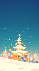 Fototapeta premium A festive holiday landscape featuring a beautifully decorated Christmas tree surrounded by colorful presents under a clear sky filled with soft, drifting snowflakes during the winter season