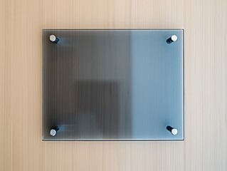 A sleek glass plaque mounted on a wooden wall, showcasing a clear and modern design suitable for various displays in contemporary settings