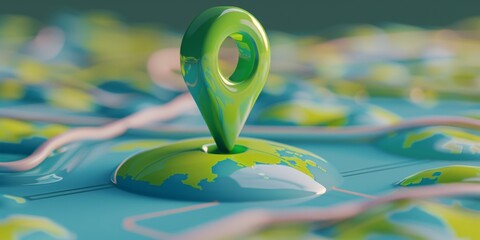 A detailed digital globe representation showcasing a bright green location pin marking a specific spot on a vibrant map, illustrating contemporary geography concepts and navigation