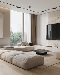 Fototapeta premium Modern living room, large Windows, white screens, white walls and light wood floors, light grey marble wallboard art works 