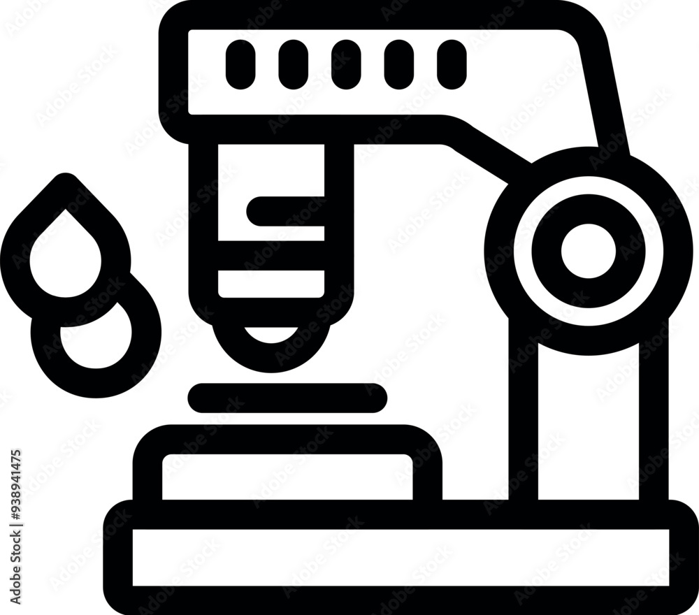 Poster bold line icon of a laboratory microscope conducting an experiment with water droplets