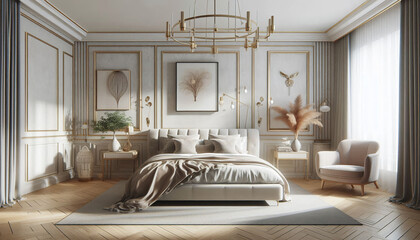 Luxurious Scandinavian Bedroom Interior with Minimalist Wall Mockup - 3D Render