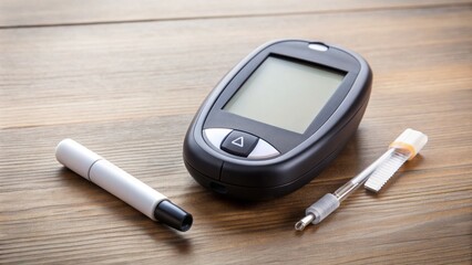 Modern blood glucose meter with test strips and lancet on a table, used for daily diabetes management and monitoring blood sugar levels.