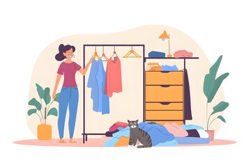 Female organizing her closet, happy cat playing in a pile of clothes, modern bedroom