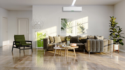 large luxury modern bright interiors living room with air conditioning mockup illustration 3D rendering