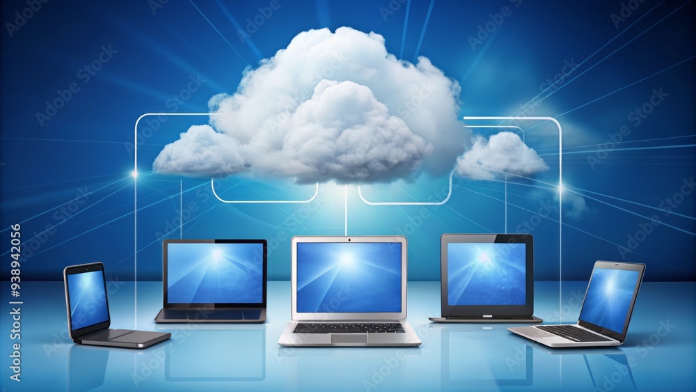 Poster modern cloud computing concept with various devices such as smartphones, laptops, and tablets connec