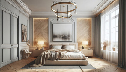 Fototapeta premium Luxurious Scandinavian Bedroom Interior with Minimalist Wall Mockup - 3D Render