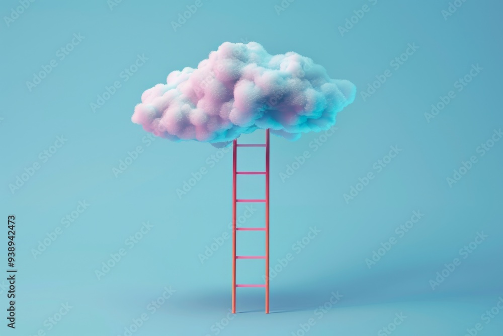 Wall mural a colorful cloud resting atop a pink ladder against a blue background symbolizes dreams and aspirati