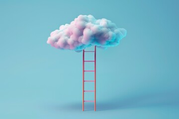 A colorful cloud resting atop a pink ladder against a blue background symbolizes dreams and aspirations in an imaginative and whimsical setting