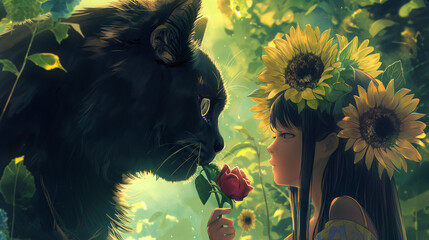  Majestic Cat with Roses, Beside a Sunflower-Crowned Long-Haired Girl,Anime-Inspired Close-Up, Supreme 2D Graphics Quality