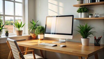 Modern Desktop Computer With Blank Screen On Desk With Copy Space In Home Office Setting